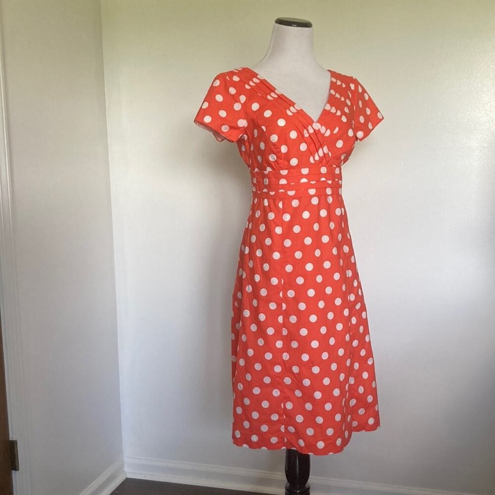 Boden Peachy Orange Pokadot Midi Dress, Size 2